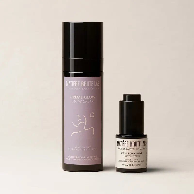 Soins Duo Teint Eclat Sublime: Crème visage Glow et Sérum Bonne Mine Bios.