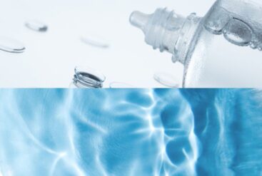 Diptyque d'un flacon d'acide hyaluronique et les reflets lumineux d'un liquide