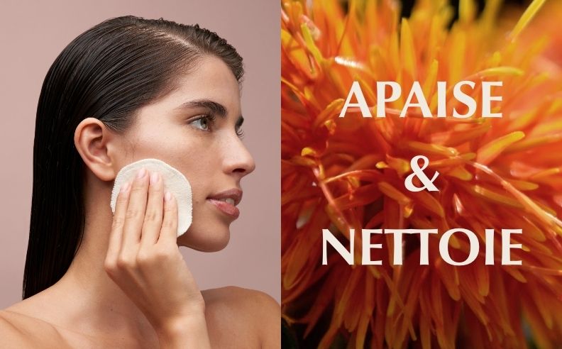 Un diptyque d'une personne qui se démaquille et les bénéfices du produit