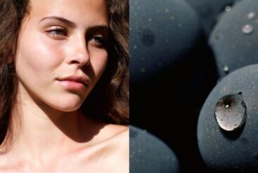 Diptyque du visage d'une femme et un zoom brut sur des raisins