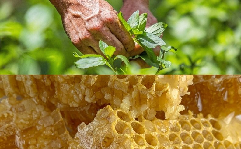 Diptyque de la cire d'abeille et les mains d'un de nos producteurs