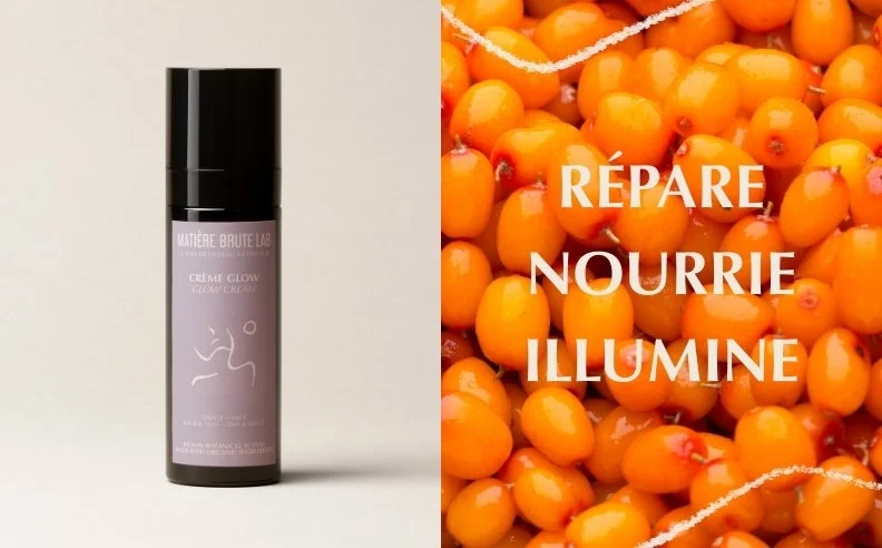 Un diptyque de la crème glow et de la baie d'argousier accompagné de mots clé