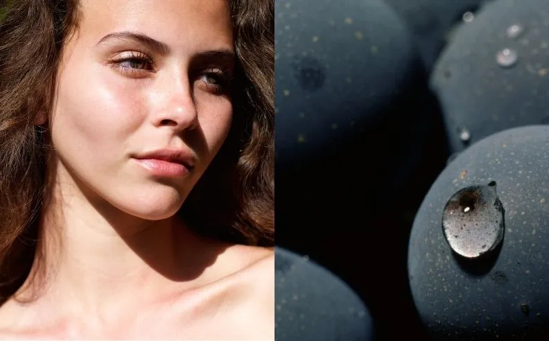 Diptyque du visage d'une femme et un zoom brut sur des raisins