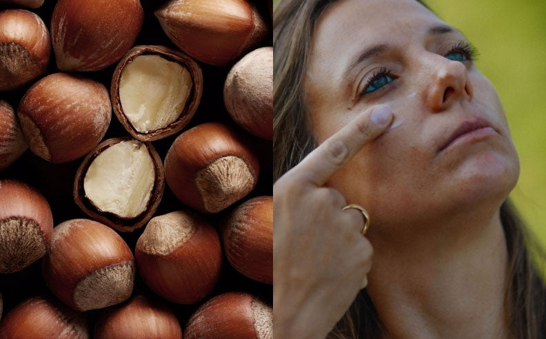 Diptyque d'une femme qui s'applique la crème Matière Brute Lab et des noisettes