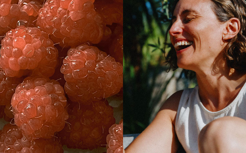 Diptyque du visage radieux d'une femme et de framboises