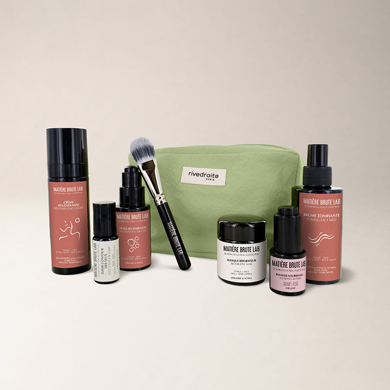Trousse verte soins cosmétiques biologiques visage Rivedroite & Matière Brute Lab